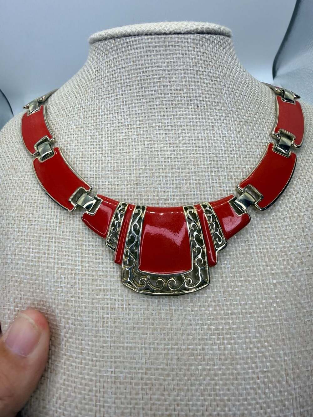 Vintage Red Enamel Bib Necklace 16 Inch Gold Tone